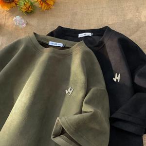 남성용 스웨이드 반팔 티셔츠, 헤비웨이트 바디 셔츠, 미국 레트로 하이 스트리트 타이드 반팔 상의, 백 트렌드, 여름