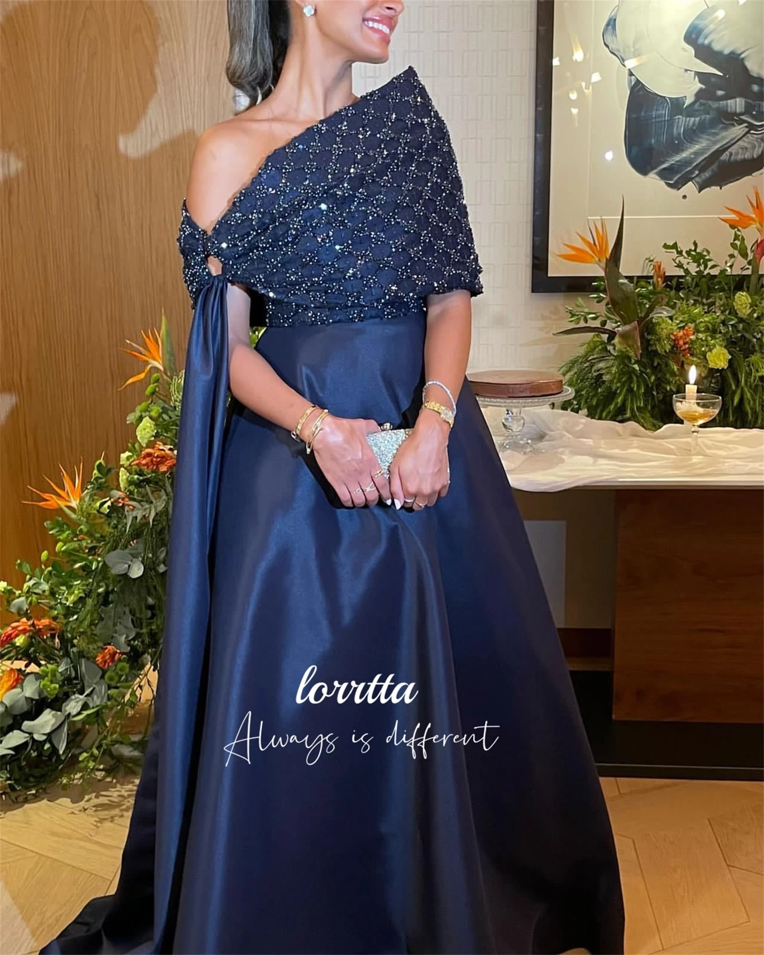 Lorrtta 럭셔리 라인 A 이브닝 원피스 다크 블루 비드 자수 원단, 특별한 날 드레스, 맞춤형 칵테일 로브