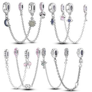 안전 체인 매력 925 스털링 실버 맞는 원래 925 비즈 문 스타 나비 하트 안전 체인 여성을위한 보석 선물