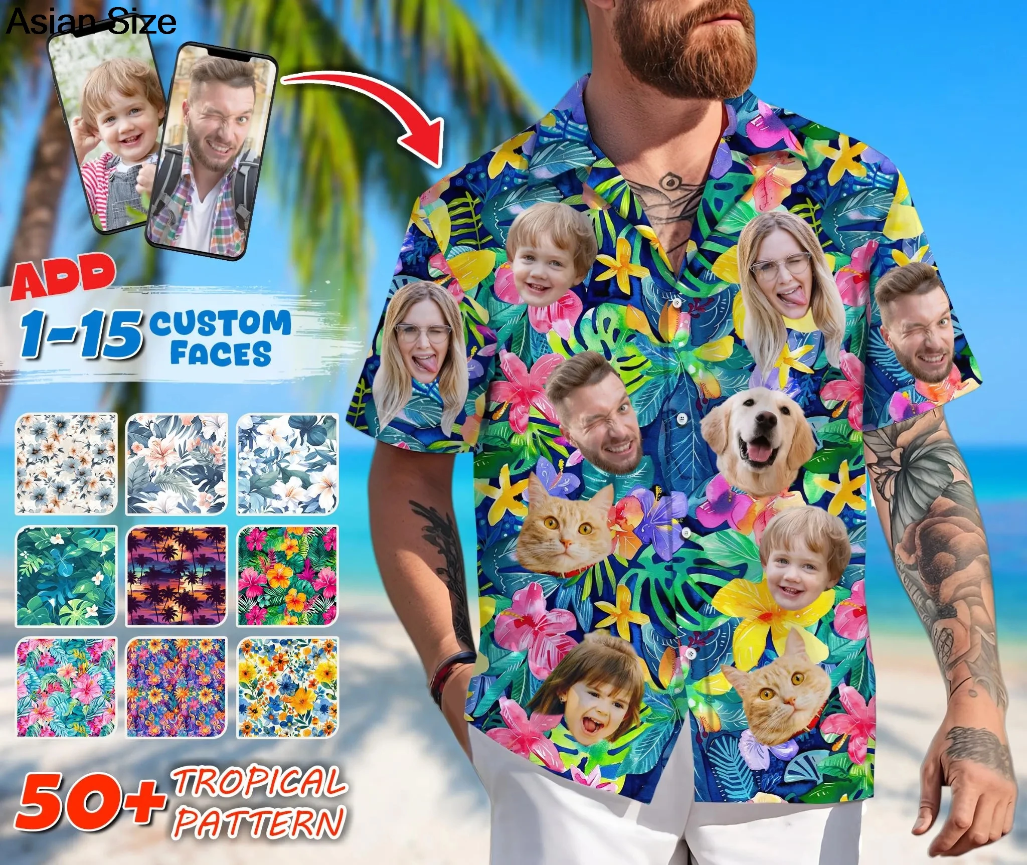 남성 여성을위한 맞춤형 얼굴이있는 하와이 셔츠 여자 친구 남자 친구를위한 맞춤형 하와이 선물 열대 해변 버튼 다운 셔츠
