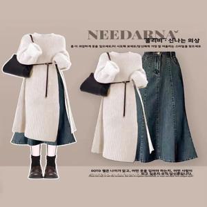 헤베 스타일 가을 겨울 니트 스웨터와 청치마 세트 슬리밍 우아한 미디 투피스 세트 여성 루즈핏 패션