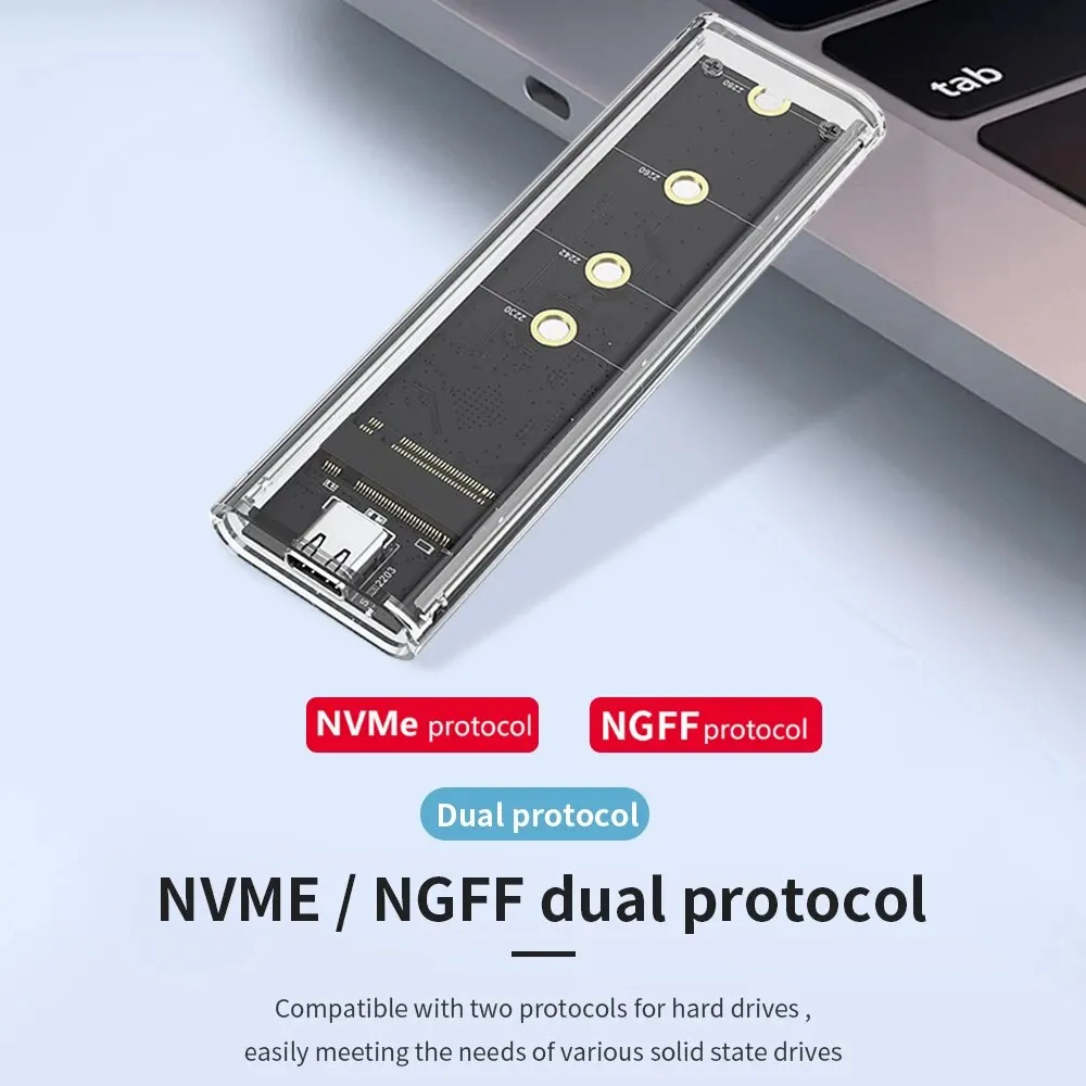 M.2 NVME PCIe NGFF SATA 듀얼 프로토콜 SSD 케이스 클리어 USB 타입 C PCI-E M2 SSD 투명 외장 하드 디스크 박스