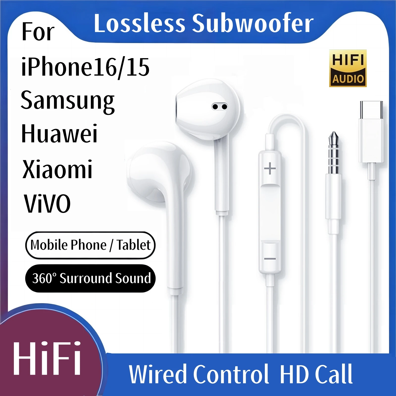 이어폰 형 이어폰 서브 우퍼, HD 마이크 Type-C 유선 헤드셋, iPhone15 16 SamsungS24 Xiaomi Huawei VIVO 전화 태블릿 헤드폰