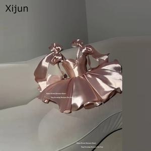 Xijun 현대 핑크 이브닝 드레스 보우 스트랩 오프 숄더 댄스 파티 드레스 Sweetheart 공식 생일 파티 드레스 맞춤형