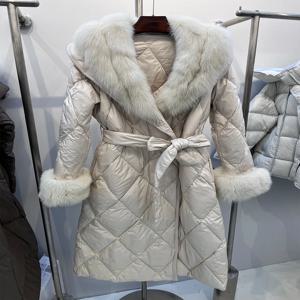 구스 다운 재킷 패션 겨울 여성 롱 다운 코트 리얼 빅 폭스 퍼 칼라 두꺼운 따뜻한 벨트 파카 럭셔리 천연 퍼 코트