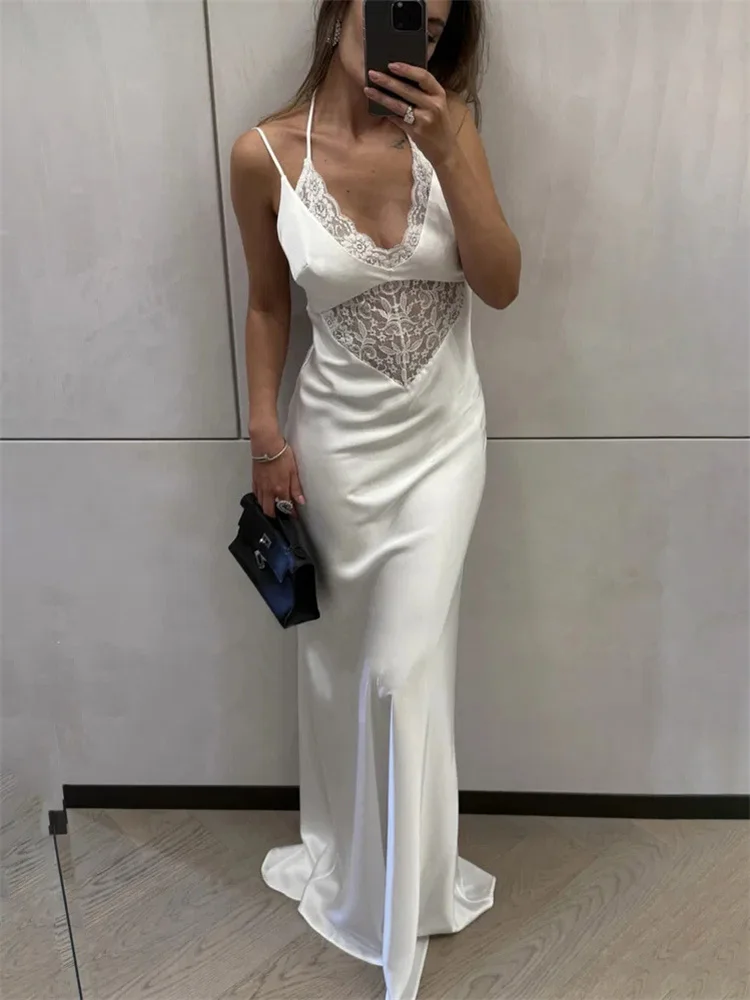 토시 섹시 레이스 홀터넥 맥시 드레스 여성 백리스 스파게티 슬림 V넥 홀터넥 출퇴근 드레스 여름 2025
