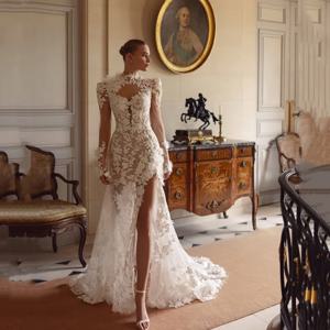 럭셔리 아이보리 롱 슬리브 머메이드 레이스 아플리케 웨딩드레스 섹시 하이넥 플리츠 하이 사이드 슬릿 스윕 트레인 가운 맞춤 제작