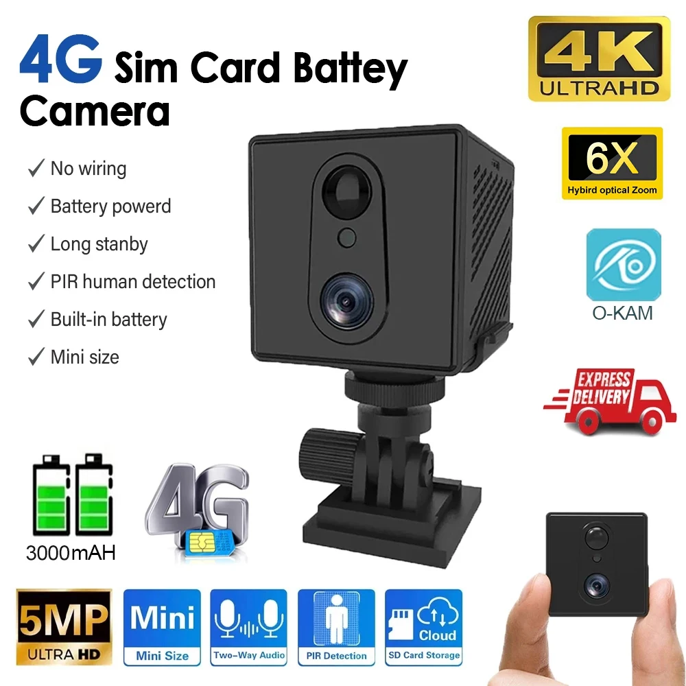 미니 4G 보안 카메라 SIM 카드 WiFi 울트라 HD 감시 카메라 3000mAh 배터리 저전력 음성 인터콤 CCTV 캠코더