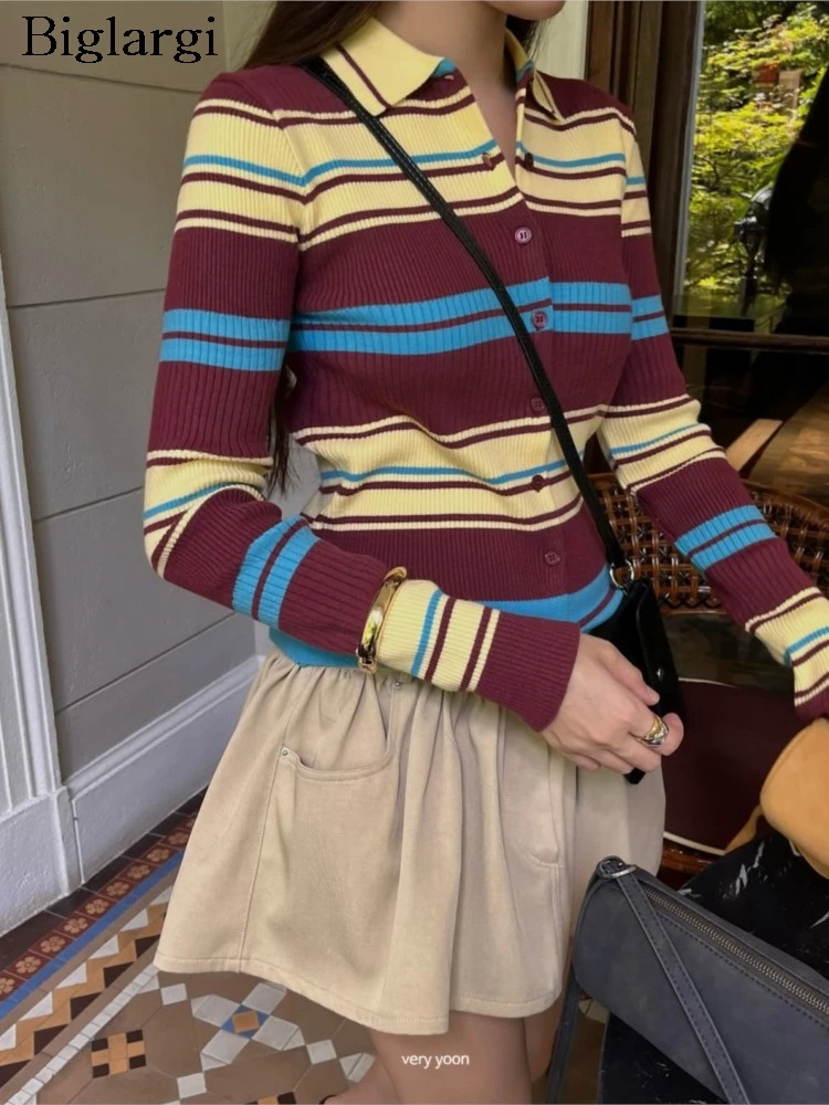 니트 가을 스트라이프 프린트 풀오버 스웨터 여성 긴 소매 패션 캐주얼 여성 스웨터 한국 스타일 여성 스웨터