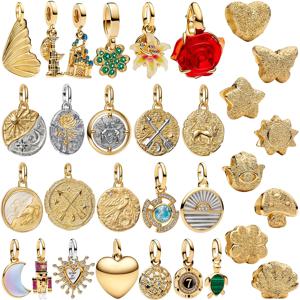 정품 925 스털링 실버 골든 라운드 참 말 사자 성 비즈 팔찌 목걸이 여성용 크리스마스 할로윈 DIY 선물