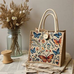 패션 리넨 핸드백 나비 인쇄 캔버스 가방 캐주얼 여성 재활용 토트 휴대용 쇼핑 가방 학생 점심 음식 도시락 가방