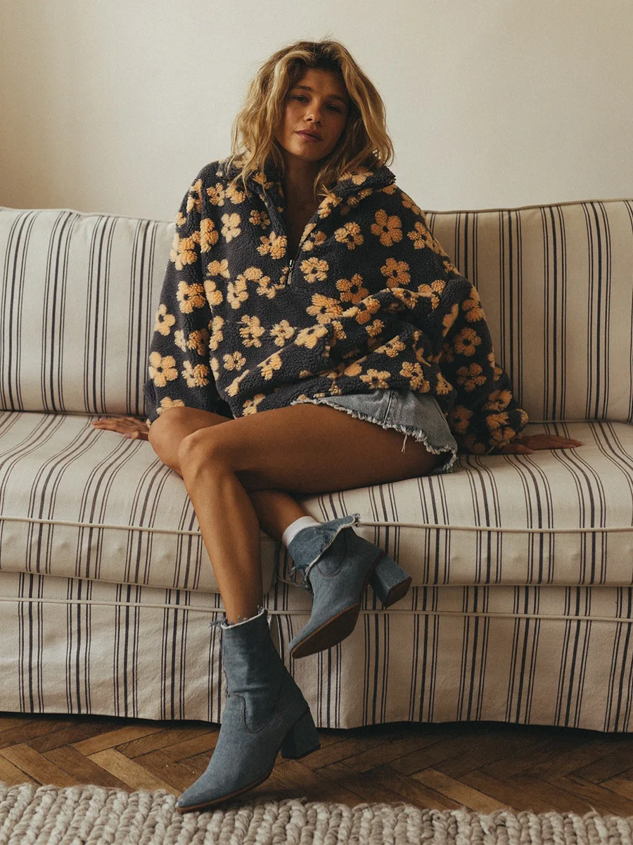 야미니야 여성용 2025 신상 패션 폴라 플리스 꽃무늬 스웨터 면 스웨터 루즈핏 따뜻한 퍼 스탠드업 칼라 지퍼 탑