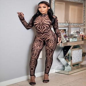 Sisterlinda 섹시한 패션 프린트 점프 수트 여성 터틀넥 풀 슬리브 스키니 피치 힙합 스트리트 와일드 스타일 작업복을 통해