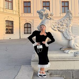 섹시한 레이스 패치워크 벨벳 맥시 드레스 여성 우아한 스탠드 칼라 퍼프 풀 슬리브 슬림 롱 가운 여성 이브닝 디너 드레스