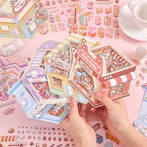 4팩 미세한 3D 하우스 스티커 방수 PET 접착 데칼 창의적인 저널링 스크랩북킹 사무실 장식 프로젝트용