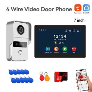 4선 HD 비디오 인터콤 시스템, 7인치 무선 5G WIFI 모니터 1080P 도어폰 카메라 비디오 도어벨 카드 투야 앱 잠금 해제