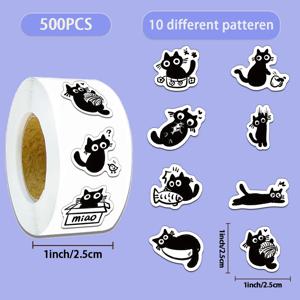 500PCS 크리 에이 티브 작은 검은 고양이 귀여운 만화 롤 스티커 장식 워터 컵 노트북 DIY 맞춤 스티커