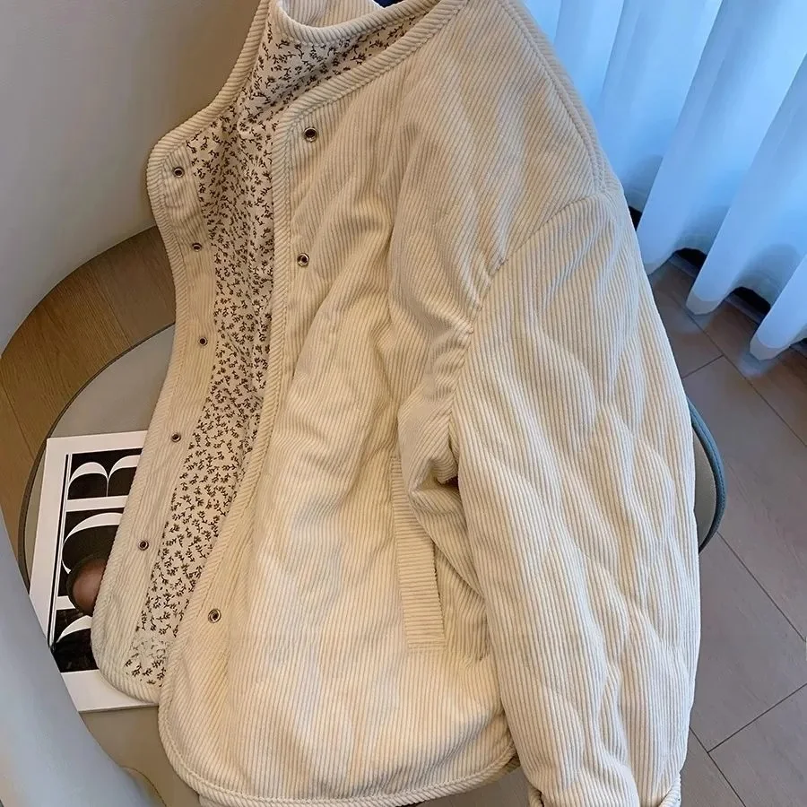 여성용 루즈핏 코튼 자켓 꽃무늬 패치워크 코듀로이 퀼트 코트 겨울 신상품 다용도 코튼 아우터웨어