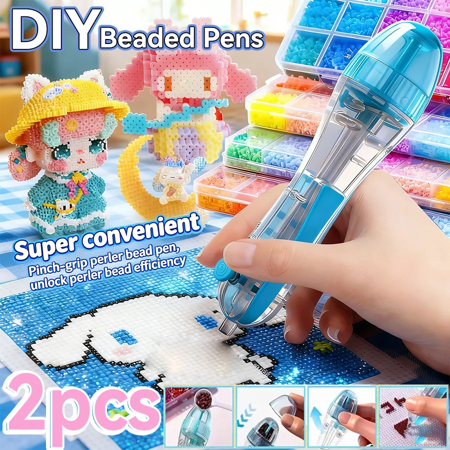 2개 DIY 비즈 펜, 2.6mm 3D 픽셀 퍼즐 비즈 DIY 자동 비즈 펜, 초보자도 빠르게 만들 수 있는 투명 비즈 펜