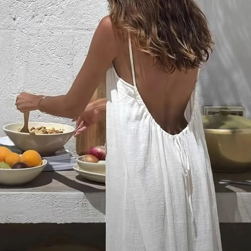 템퍼먼트 서스펜더 여성 드레스 2026 여름 순색 백리스 루즈 맥시 드레스 우아하고 다재다능한 빅 스윙 비치 드레스