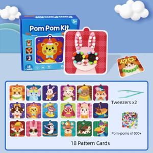 수제 재료 어린이 스티커북 교육용 초기 학습 동물 폼폼 아트 키트 만화 몬테소리 폼폼 공예 장난감