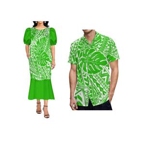 1MOQ 맞춤 사모아 폴리네시아 부족 프린트 미크로네시아 스타일 여성용 스퀘어넥 퍼프 소매 스트레치 무무 피쉬테일 드레스