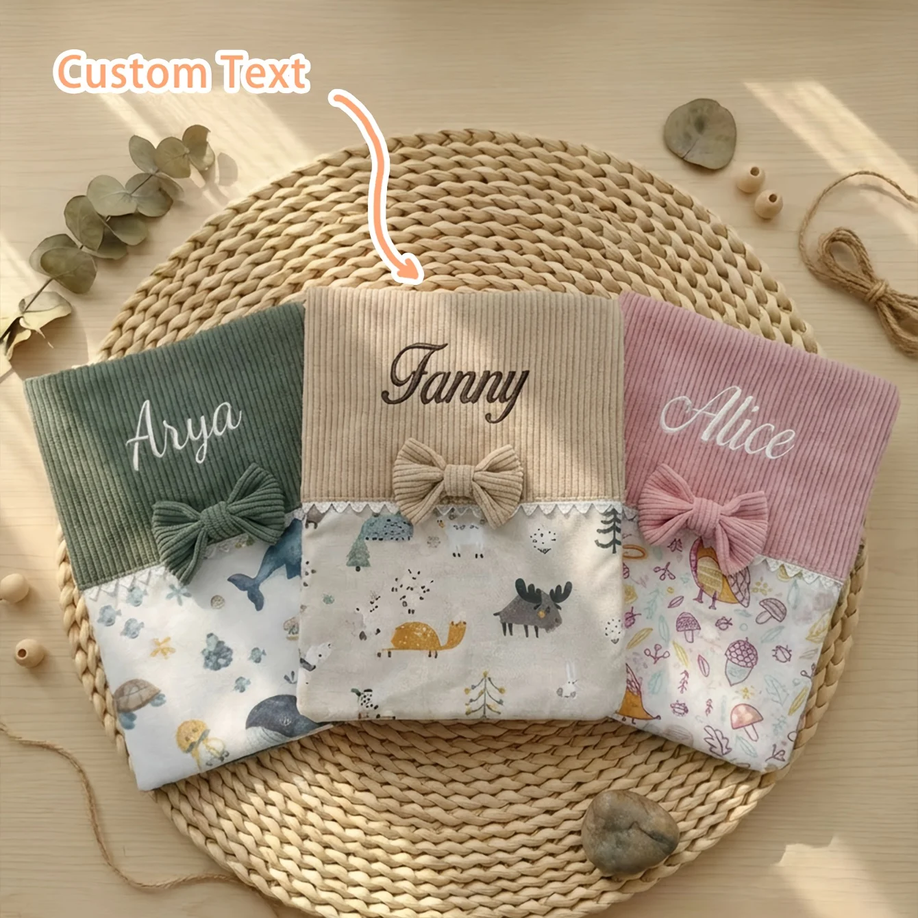 맞춤 이름 자수 코듀로이 아기 육아 핸드북 커버 |   귀여운 패턴 |   22cm*16cm |   신규 부모님을 위한 완벽한 선물