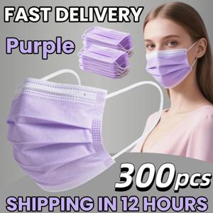 빠른 배송! 300개입 두꺼운 보라색 일회용 보호 마스크 - 3중 레이어로 통기성이 좋고 편안하며, 조절 가능한 귀걸이와 안전한 코 패드 포함 - 200/100/50/10개입, 가정용으로 저렴하게 구매 가능, 대량 구매 가능, 야외 활동, 가정, 출퇴근, 사무실, 학교, 남녀 공용으로 적합