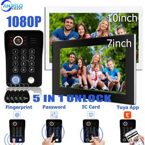 ANJIELO 지문 인식 5in1 잠금 해제 와이파이 도어벨 비디오 인터콤 시스템 홈 도어폰 투야 스마트 1080P 모니터 보안 보호