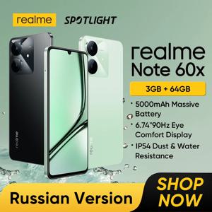 Realme 노트 60x 스마트폰 러시아어 버전, 6.74 인치, 90Hz 디스플레이, 5000mAh 배터리, IP54 강력한 옥타코어 칩셋, 3GB + 64GB, 신제품