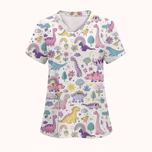 여성 스크럽 귀여운 공룡 인쇄 패션 동물 만화 수의사 v 넥 짧은 소매 간호사 탑 캐주얼 치과 임상 유니폼 여성