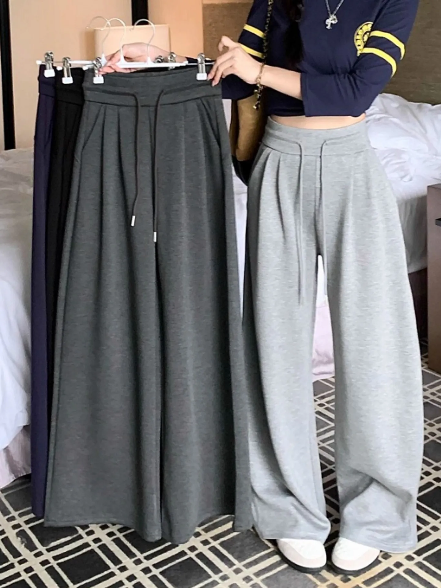 하이웨이스트 와이드 레그 스포츠 팬츠 여성용 봄 가을 캐주얼 스트레이트 레그 루즈핏 레이지 스타일 슬리밍 롱 트라우저