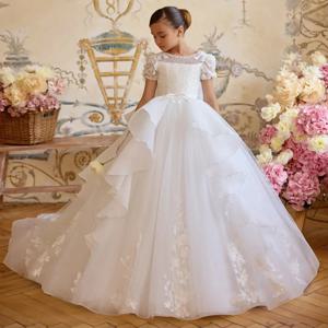 결혼식을위한 흰색 레이스 얇은 명주 그물 꽃 소녀 드레스 보우 아플리케 프릴 첫 성찬식 드레스 아기 소녀의 생일 파티 가운
