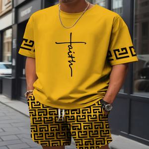 새로운 남성용 크로스 프린트 티셔츠와 반바지 세트 스타일리시한 스트리트웨어 반팔 상의와 반바지 조합 휴가용 남성 의류