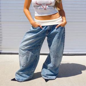 딥타운 배기 블루 여성 청바지 Y2k 하라주쿠 빈티지 로우 웨이스트 와이드 레그 아메리칸 스타일 데님 바지 갸루 힙합 스트리트웨어