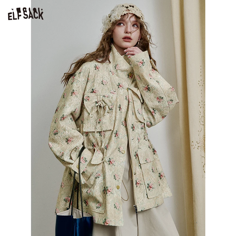 엘프색 2025 레이스 플로럴 프린트 코트 여성용 리본 포켓 피티드 트렌치 스타일 재킷, 로맨틱 코티지코어 우아한 재킷
