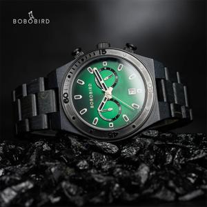 BOBO BIRD 우드 시계 비즈니스 남성용 손목 시계 맞춤형 새겨진 나무 시계 크로노 그래프 날짜 표시 독특한 맞춤 선물