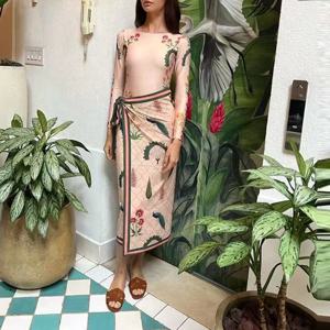 여름 뉴 비치 휴가 2 피스 캐주얼 패턴 프린트 수영복 정장 패션 슬림 긴 소매 바디 슈트 + 하프 스커트 의상