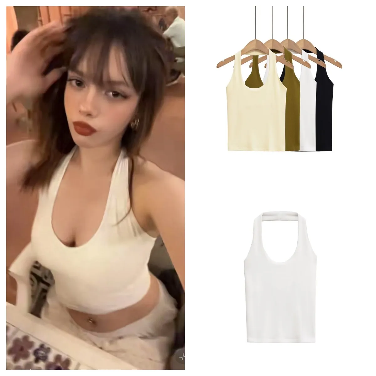 2025년 신제품 여성 섹시 핫걸 의상 홀터넥 스트레치 슬림 백리스 베이스 올매치 단색 탑