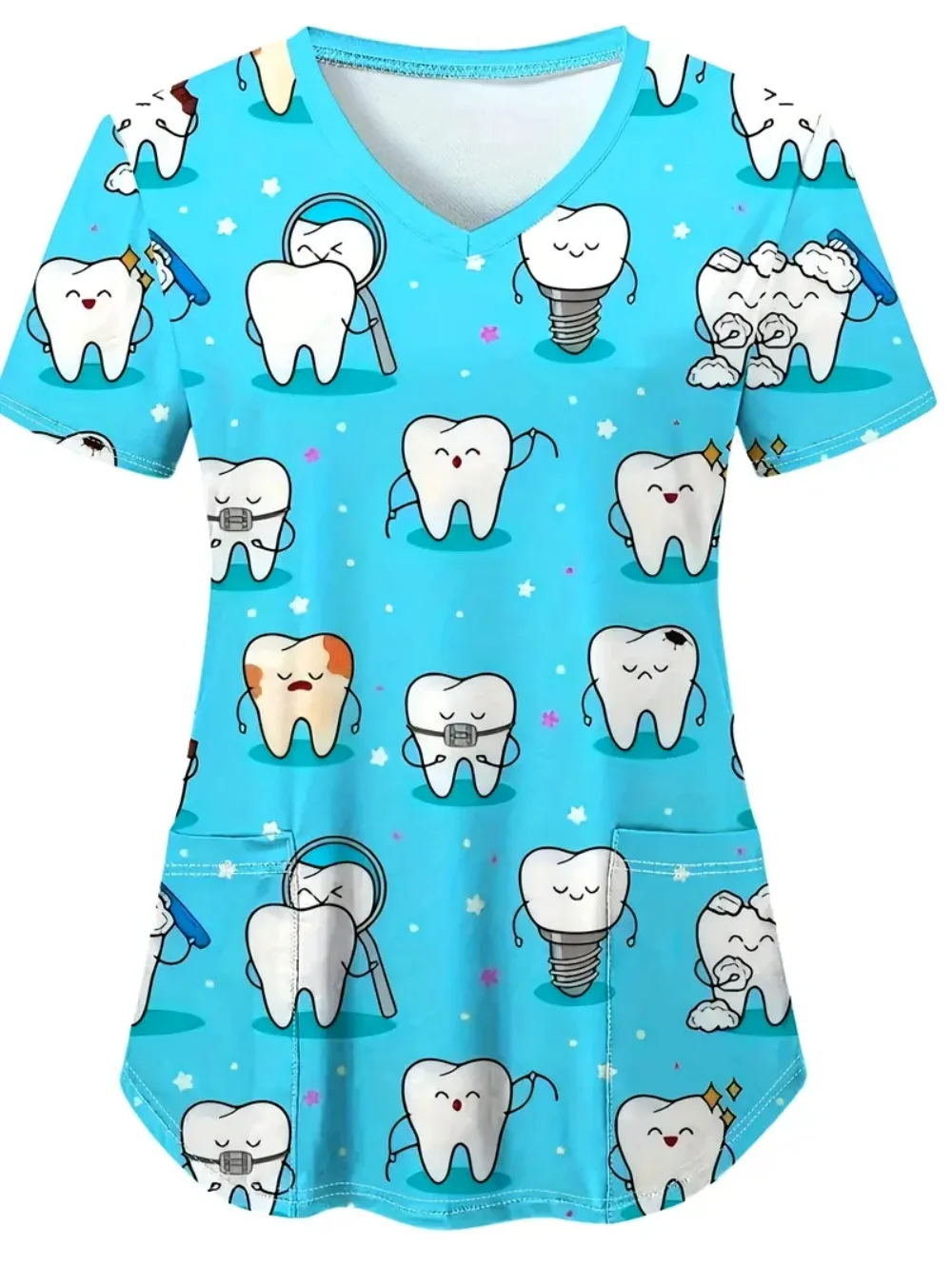 사랑 치아 인쇄 옷과 임상 유니폼 여성 의료 여름 v 넥 캐주얼 블루 패션 반팔 스크럽 여성상의