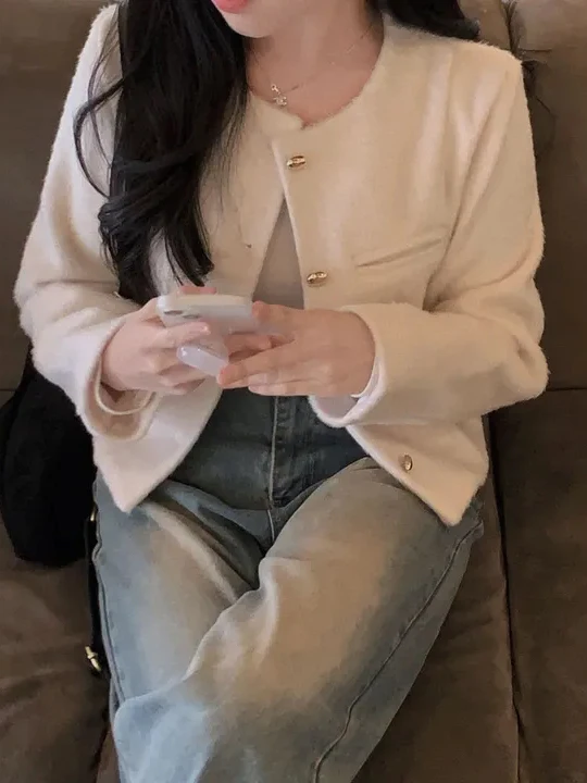 시크한 싱글 버튼 오픈 가디건 여성용 짧은 모직 코트 가을 겨울 우아한 패션 스몰 사이즈 여성 아우터웨어