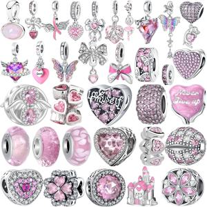 신상 핫세일 925 실버 핑크 시리즈 리본 지르콘 꽃 비즈 참 펜던트 팔찌 목걸이용 고급 DIY 쥬얼리 제작 여성용