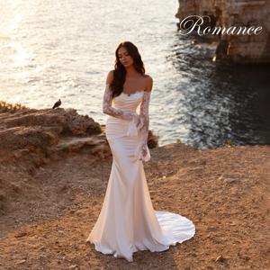 우아한 긴 소매 레이스 인어 웨딩 드레스 여성 오프 숄더 플리츠 오픈 백 신부 가운 베스티도스 드 노비아 맞춤 제작