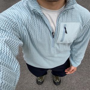 HUMBLESTONE 야외 통근 커플 웨이브 패턴 플리스 스웨트셔츠 하프 지퍼 스탠드 칼라 퀼팅 재킷 남성 여성