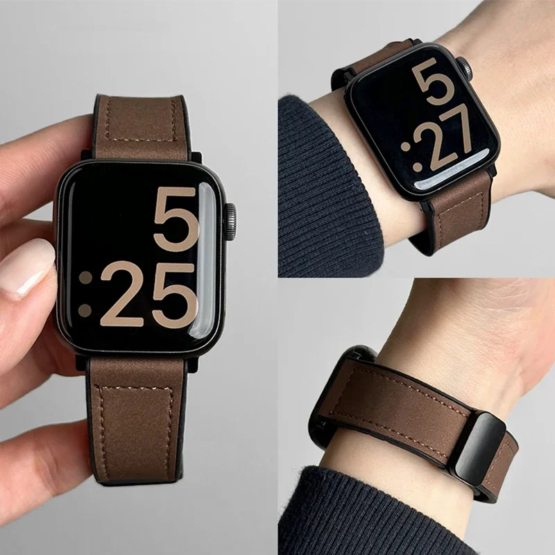 애플 워치 밴드 울트라 49mm 44mm 45mm 41mm 46mm 40mm 42mm용 가죽+실리콘 스트랩 마그네틱 팔찌 iwatch 시리즈 10 9 8 7 6
