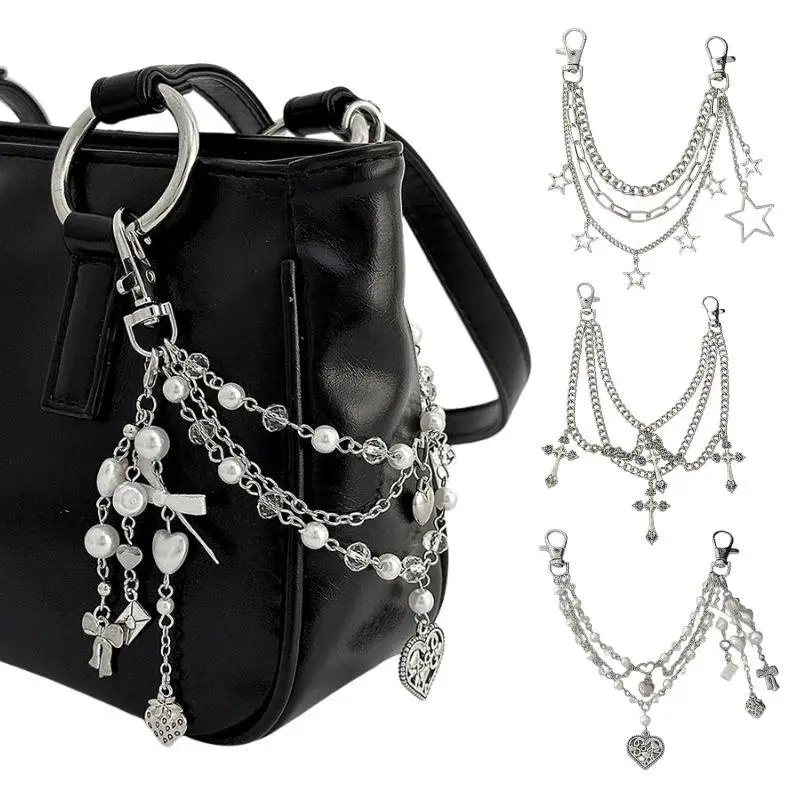 Y2K 진주 가방 체인 딸기 하트 리본 펜던트 체인 스트랩 가방용 다층 가방 체인 핸드백 DIY 핸들 액세서리