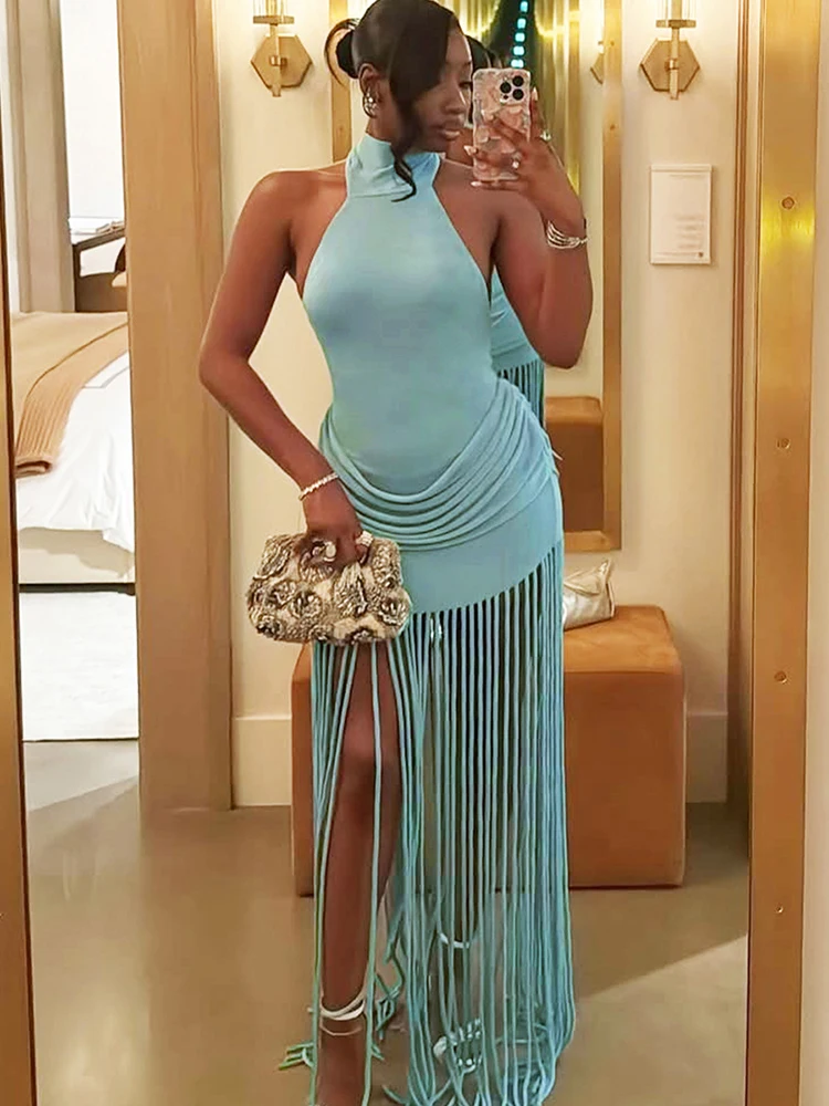 이상한 디자인의 홀터넥 벨벳 드레스 여성용, 주름 장식과 패치워크, 태슬 밑단, 우아하고 섹시한 백리스 디자인, 발렌타인데이 파티용 바디콘 드레스