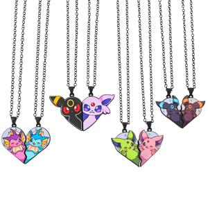 귀여운 이브이 만화 펜던트 목걸이 2개 세트, 하트 패치워크, 디지몬 금속 목걸이