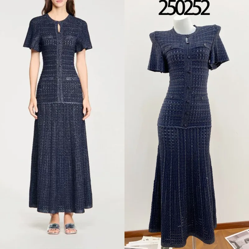 2026 트렌디 슬림 드레스 라인스톤 장식 홀 아웃 반짝이는 원단 버블 슬리브 멀티 포켓 라운드 넥