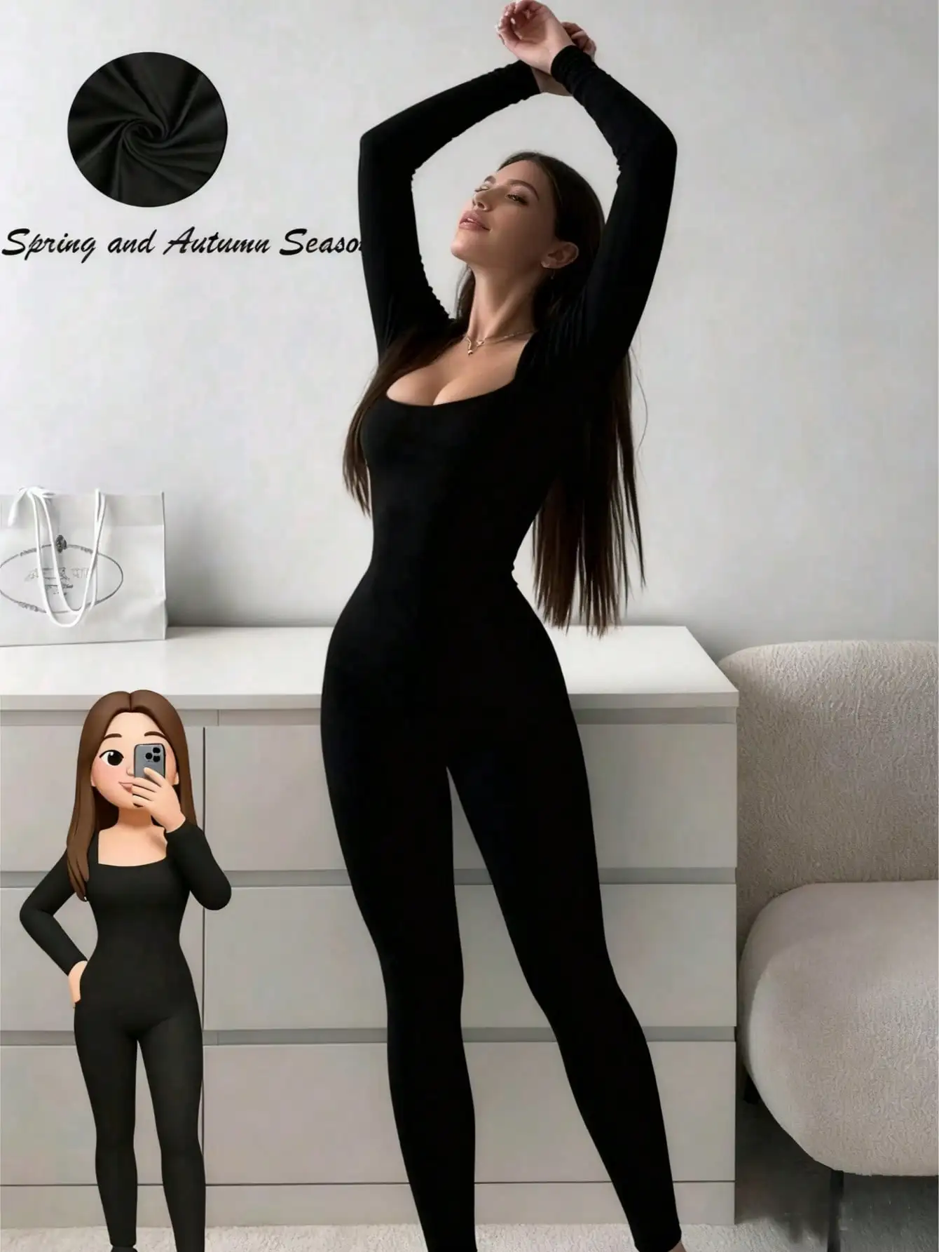 봄과 가을에 적합한 블랙 U자형 넥라인과 긴 소매 점프수트